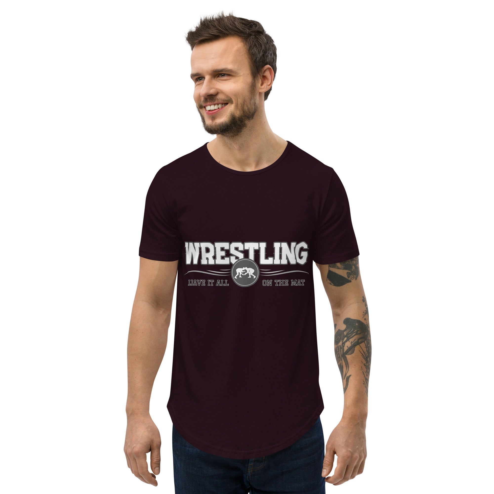Leave It All On The Mat Curved Hem T-Shirt Iron Fist Wrestling Men's Curved Hem T-Shirt, Wrestling T-shirt